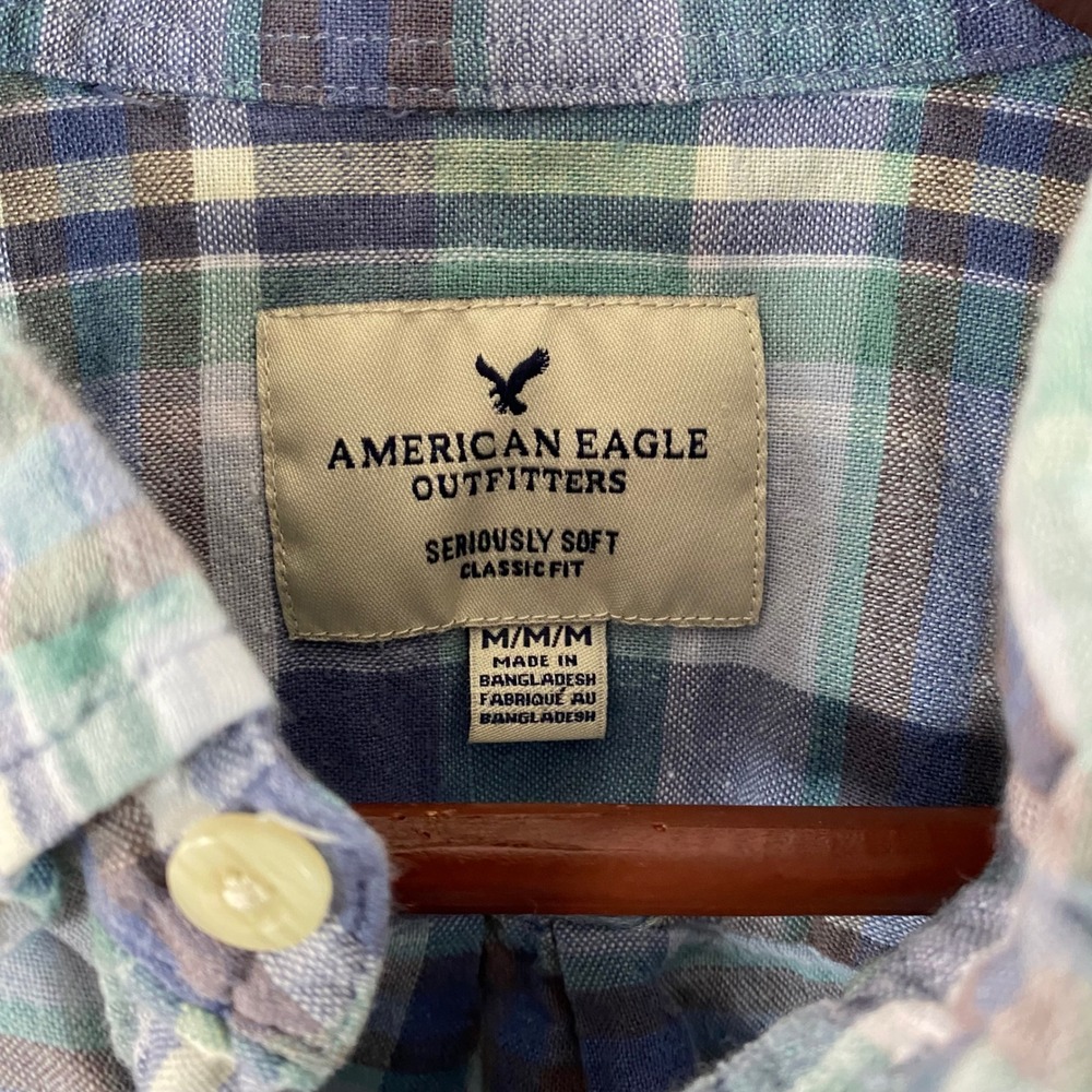 American Eagle Plaid Button Up Mens Medium Cotton Linen Blue Green Flannel - Picture 6 of 8